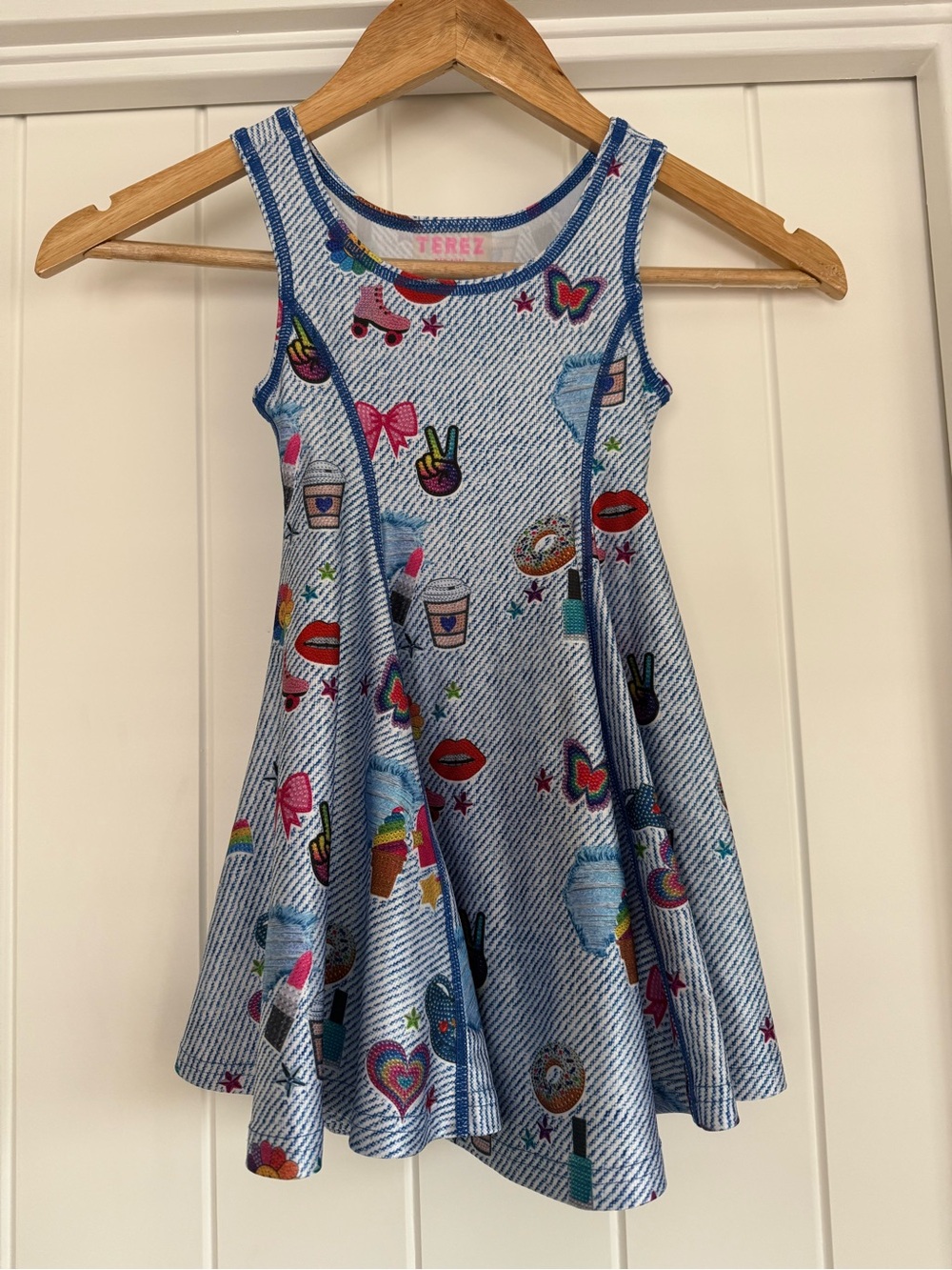 Terez Light Blue Sleeveless Knit Dress with Colorful Patch Icons